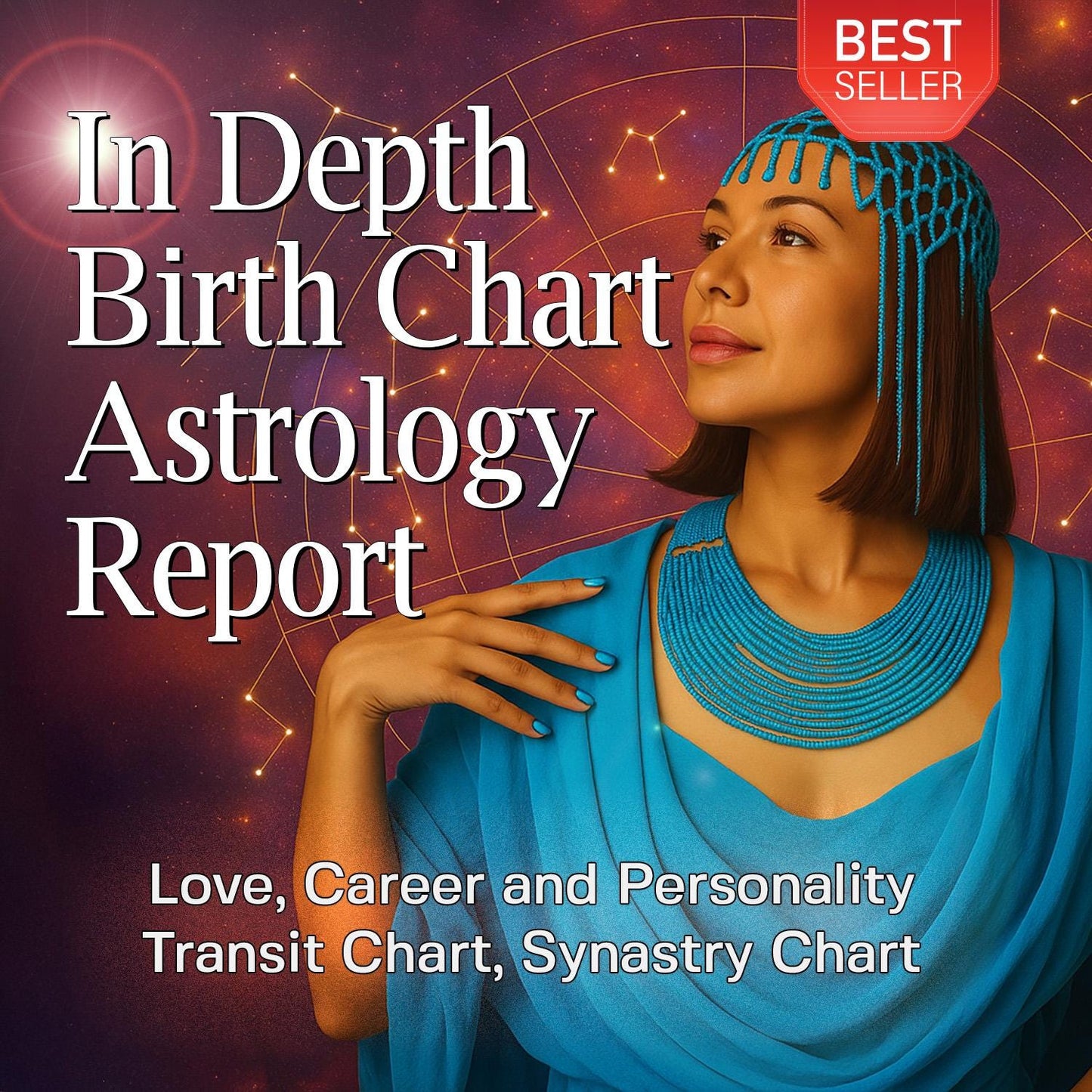 Analyse astrologique approfondie du thème natal : thème de transit, synastrie, thème astral complet (amour, carrière et personnalité).